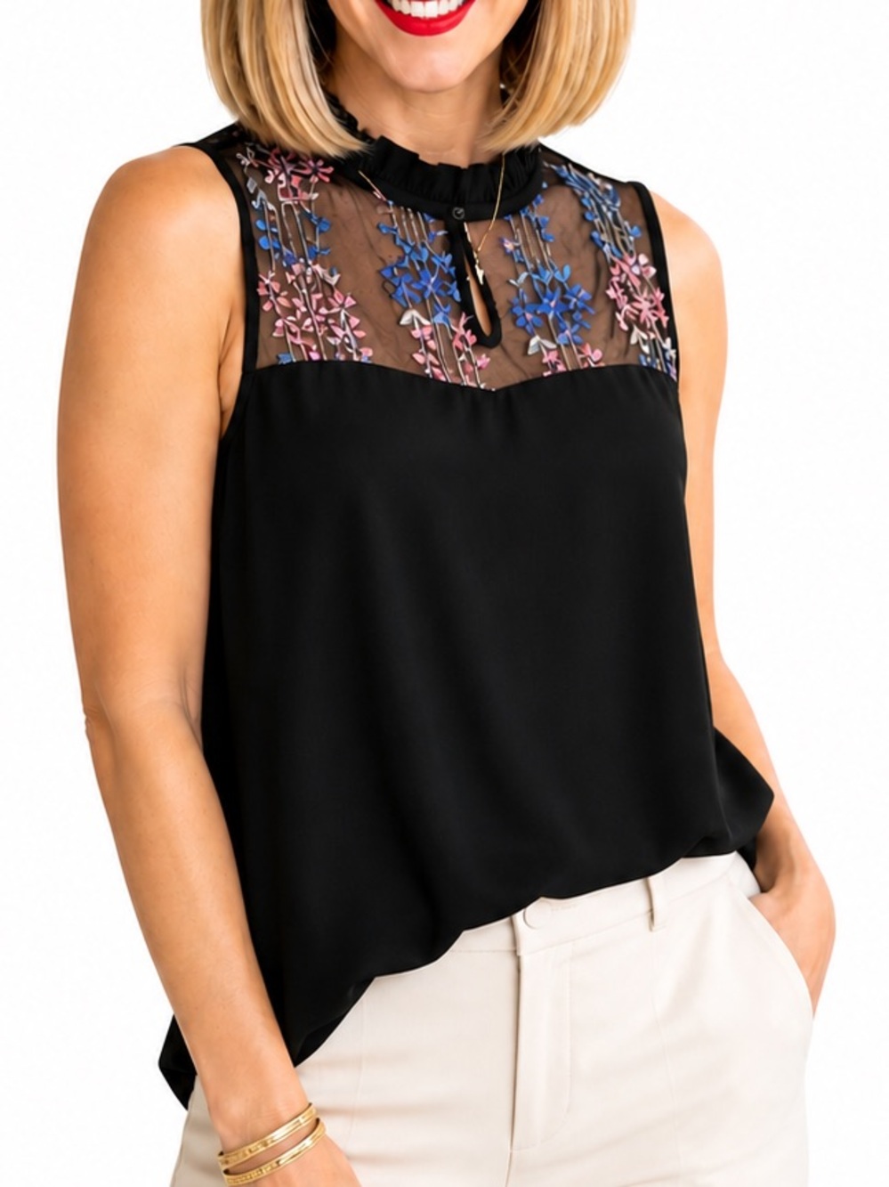 🆕Black sleeve floral sheer contrast blouse